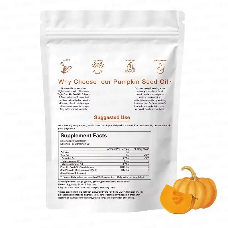 PUMPKIN SEED Oil Softgels 2 in 1 with SAW PALMETTO, GMO & Glucose Free