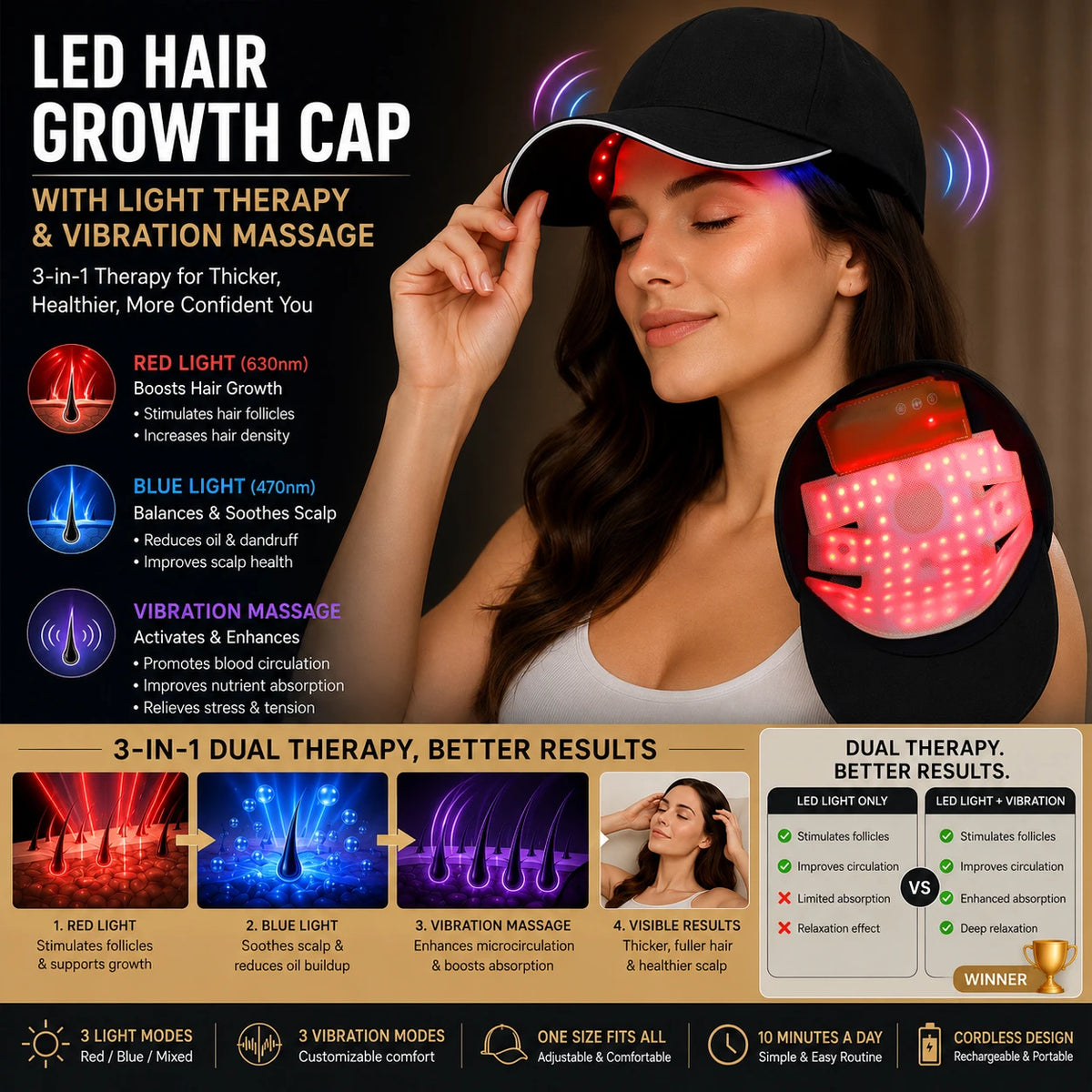 BLUE & RED Light Laser Therapy 3 in 1 Hair Cap 210 LED, Thick Hair