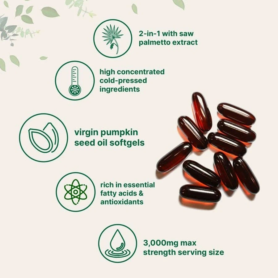 PUMPKIN SEED Oil Softgels 2 in 1 with SAW PALMETTO, GMO & Glucose Free